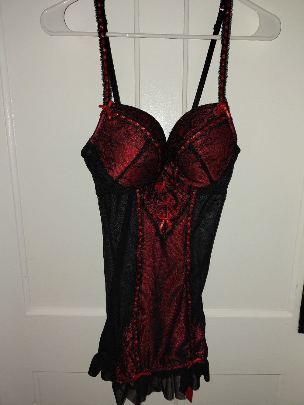 Red & Black Lace Trim Chemise with Sculpted Cups